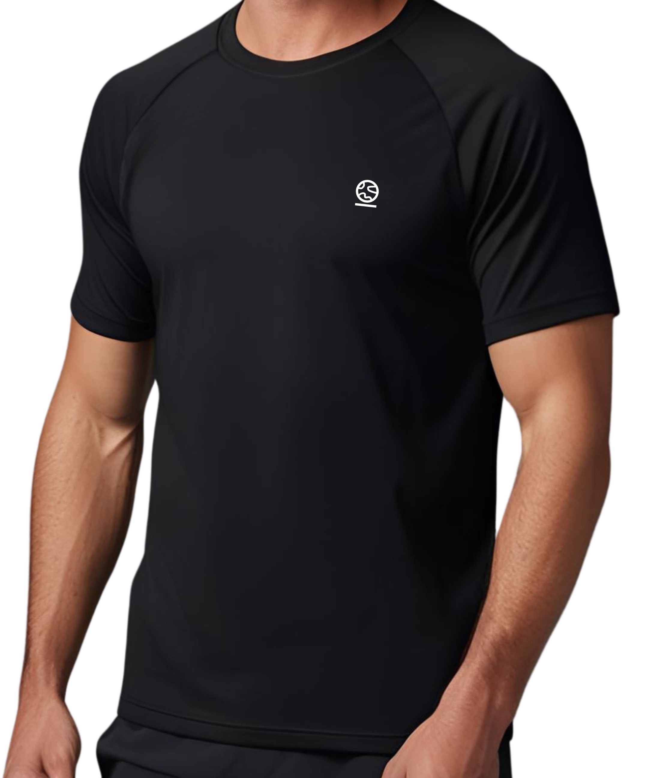 Black t-shirt with an underscored earth logo on the chest worn by a person