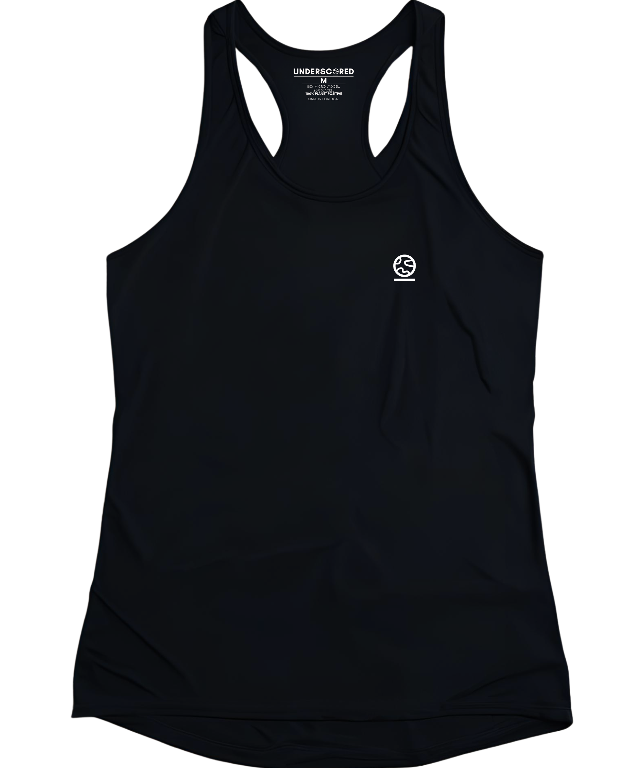 Black tank top with an underscored earth logo on a white background