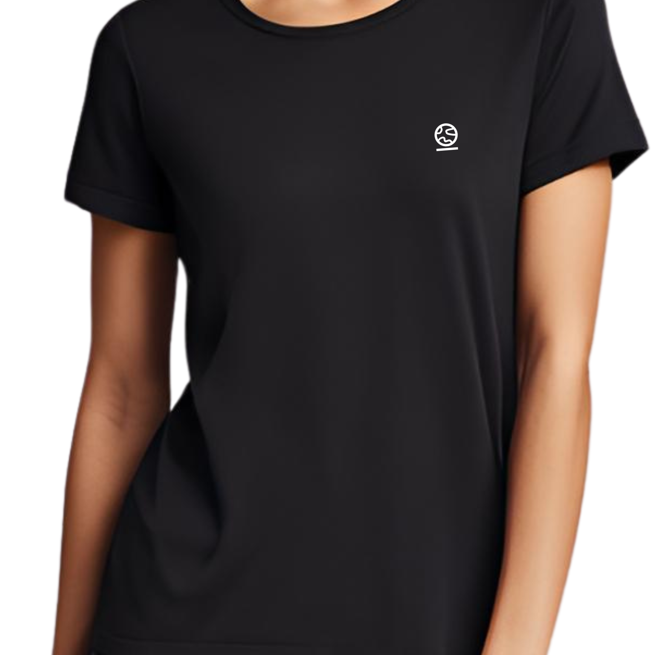 Jet black women's Ashdown t-shirt by Underscored with small Earth logo on left chest, worn by a female model.