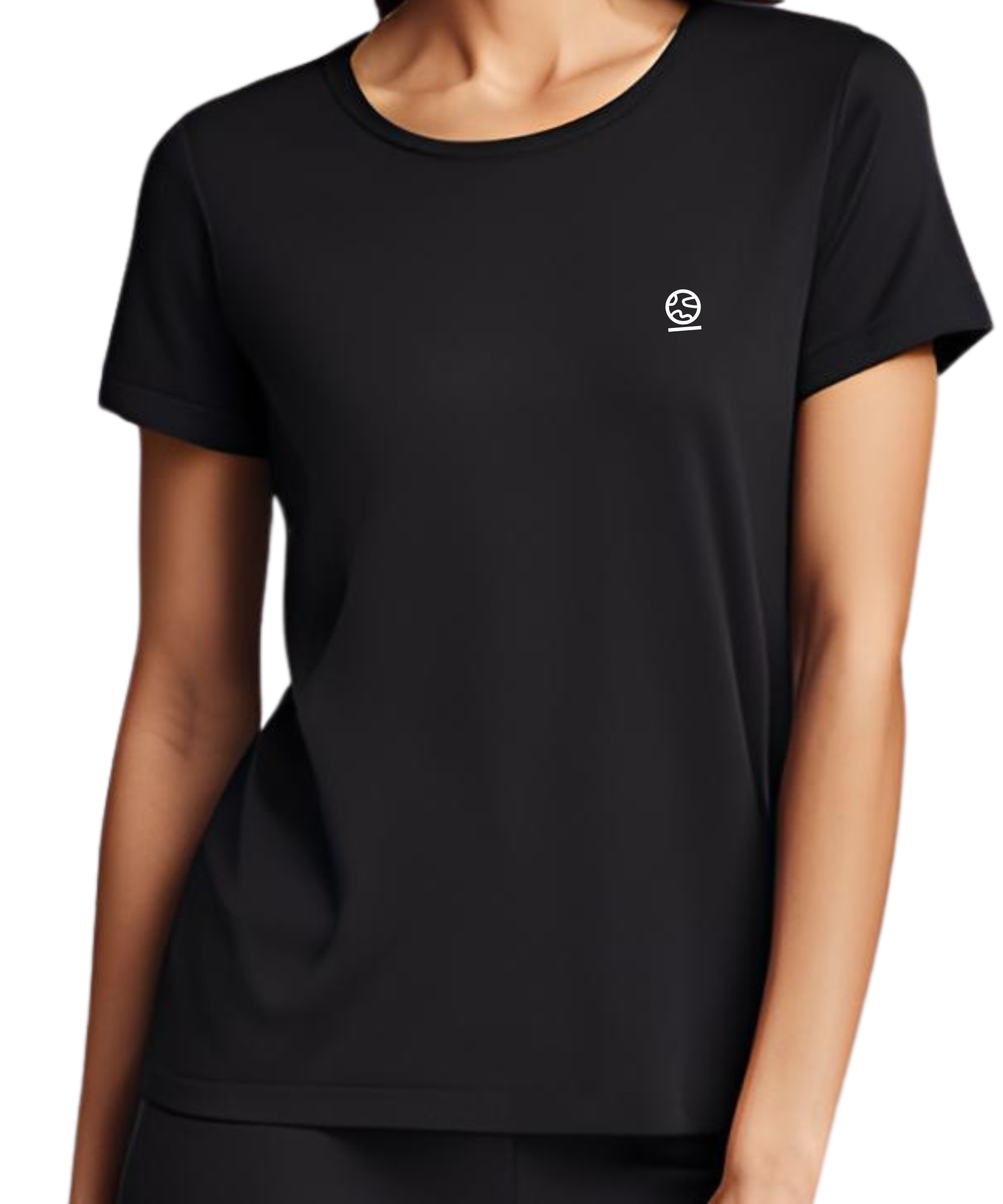 Jet black women's Ashdown t-shirt by Underscored with small Earth logo on left chest, worn by a female model.