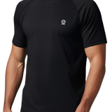 Black t-shirt with an underscored earth logo on the chest worn by a person