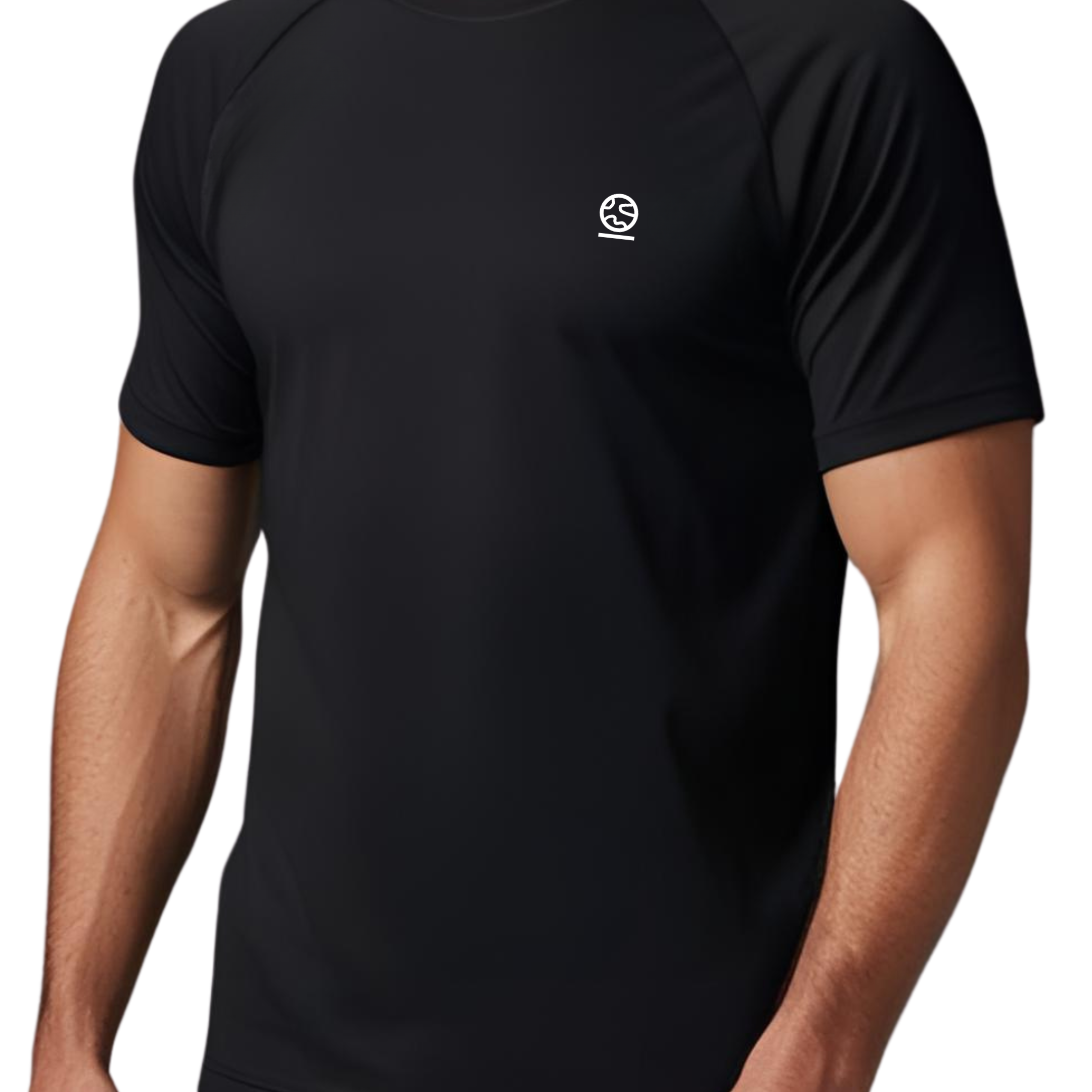 Black t-shirt with an underscored earth logo on the chest worn by a person