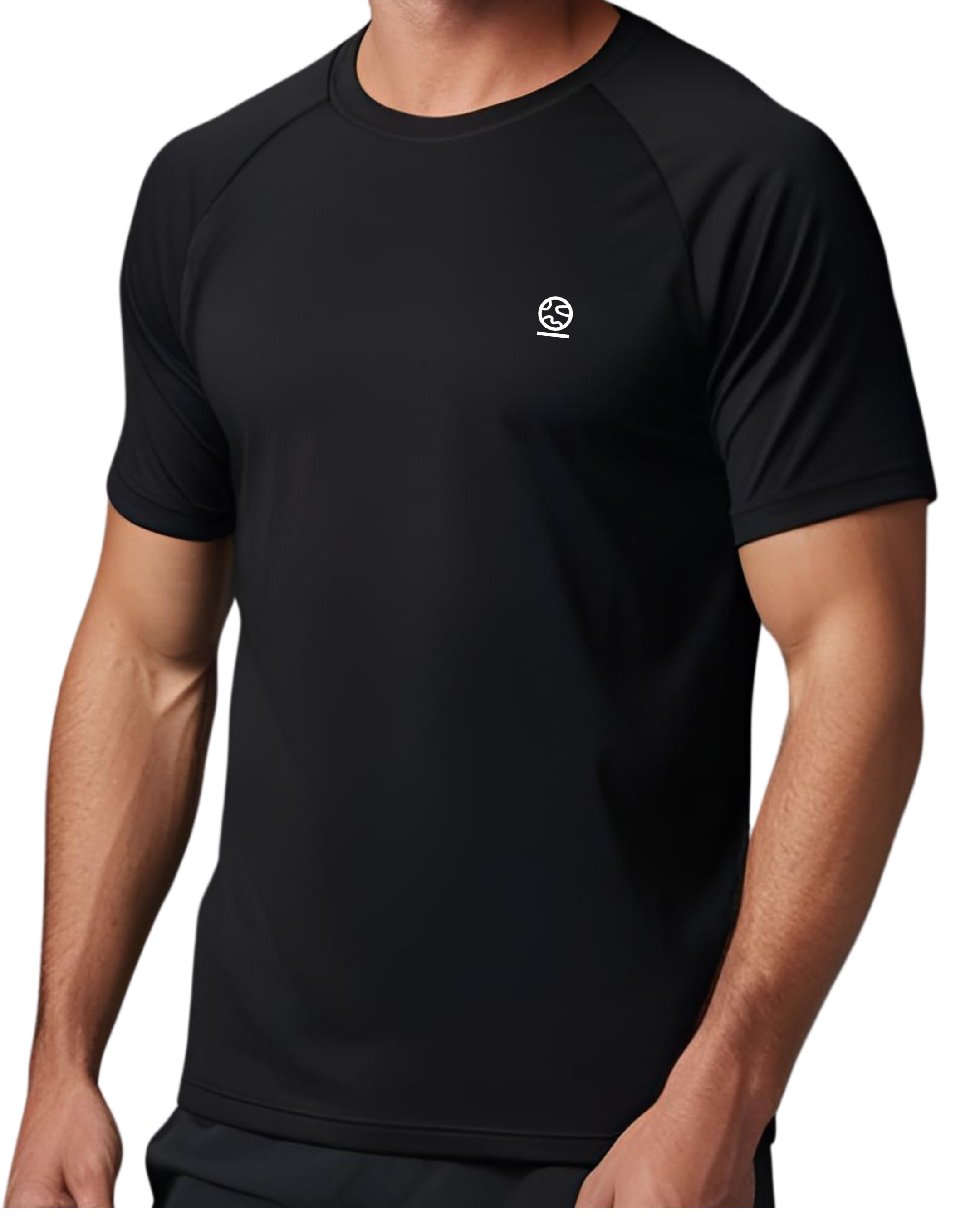 Black t-shirt with an underscored earth logo on the chest worn by a person