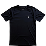 Black t-shirt with a small underscored earth logo on a white background