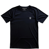 Black t-shirt with a small underscored earth logo on a white background