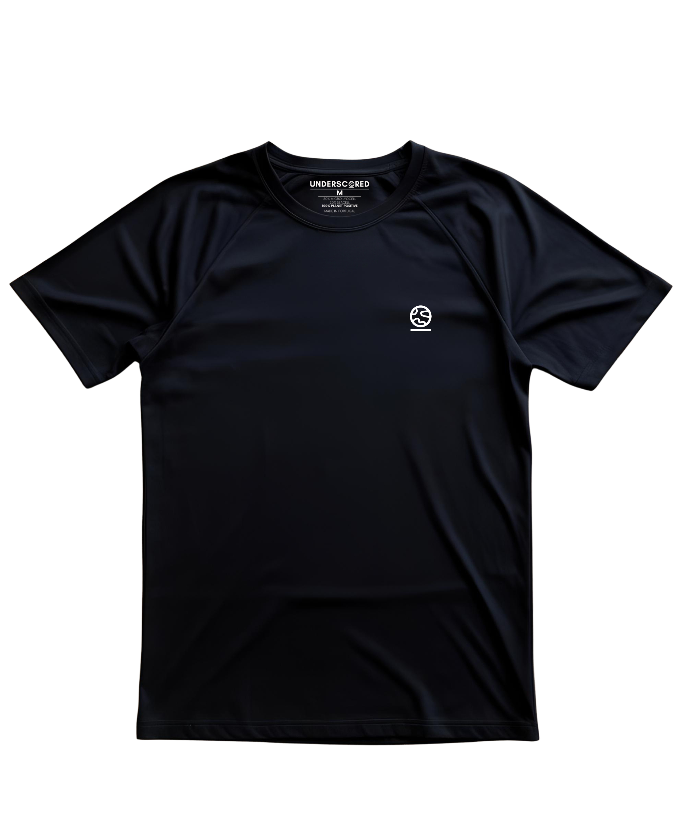 Black t-shirt with a small underscored earth logo on a white background