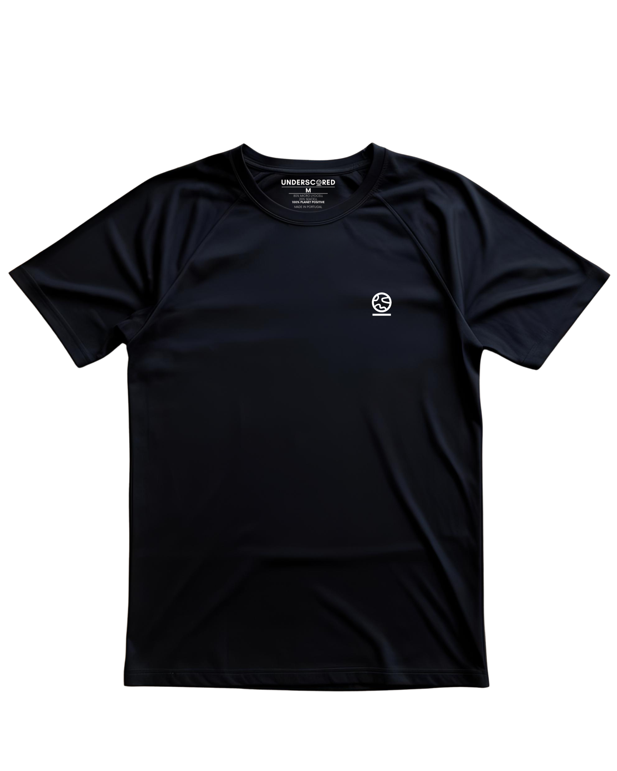 Black t-shirt with a small underscored earth logo on a white background