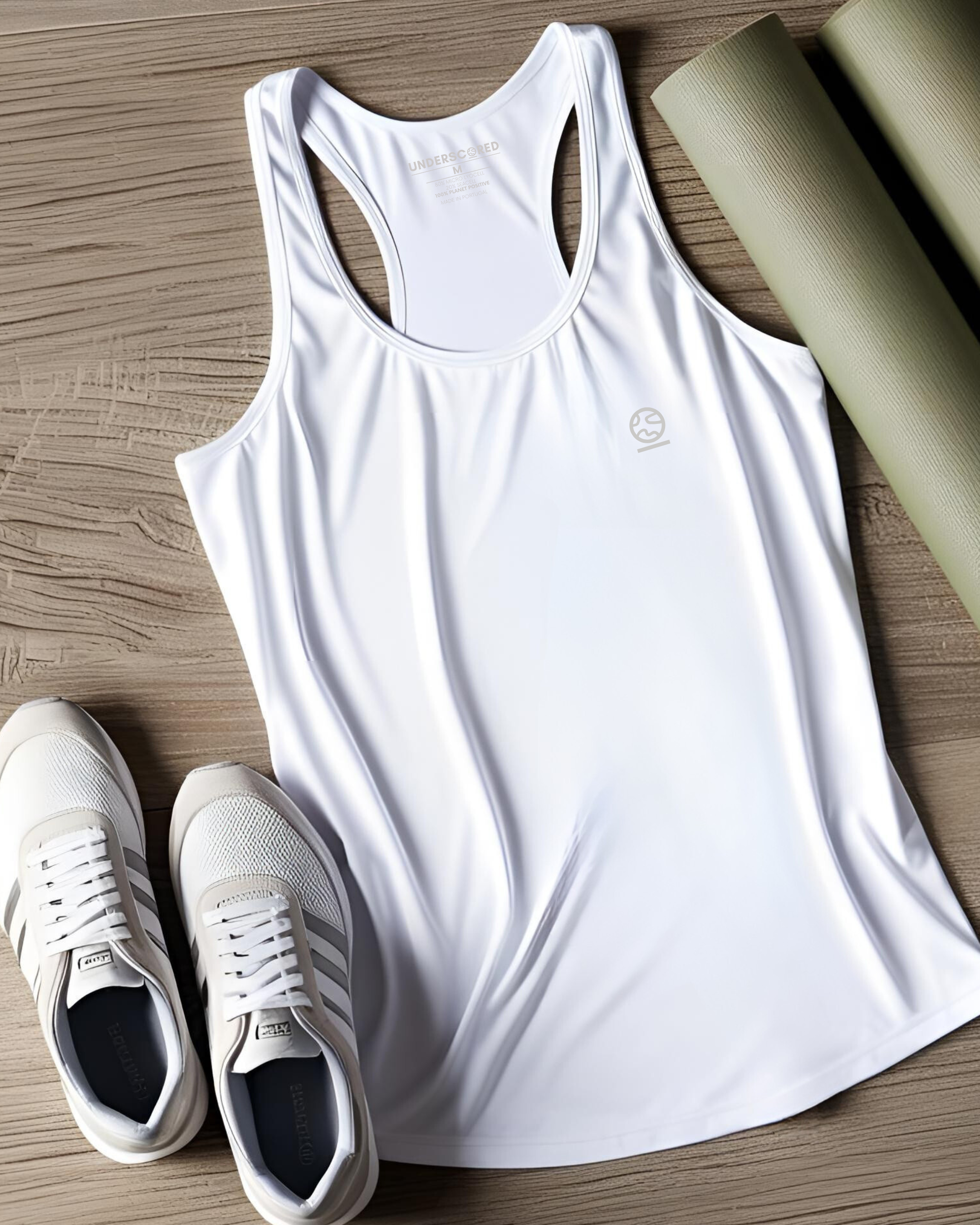Flatlay of bright white women's Ashdown t-shirt by Underscored with small Earth logo on left chest and neck branding. Shown with white sneakers and green yoga mat on wooden flooring.