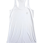 Flatlay of bright white women's Ashdown t-shirt by Underscored with small Earth logo on left chest and neck branding.