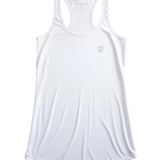 Flatlay of bright white women's Ashdown t-shirt by Underscored with small Earth logo on left chest and neck branding.