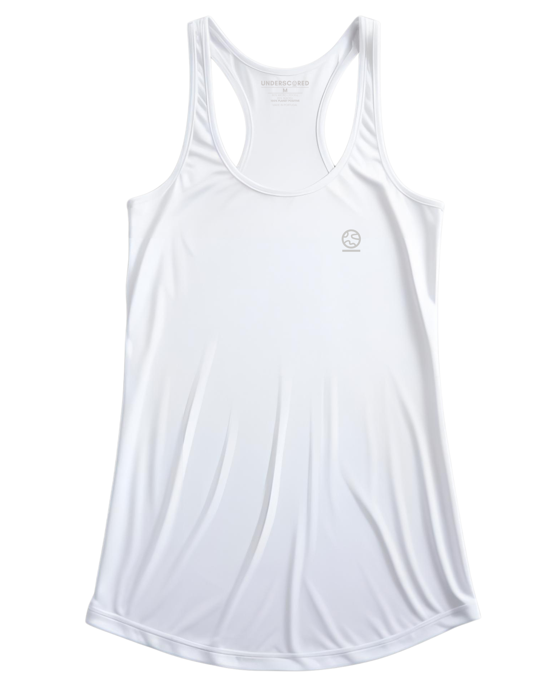 Flatlay of bright white women's Ashdown t-shirt by Underscored with small Earth logo on left chest and neck branding.