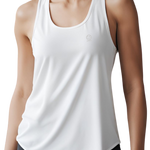 Bright white women's Ashdown t-shirt by Underscored with small Earth logo on left chest, worn by a female model.