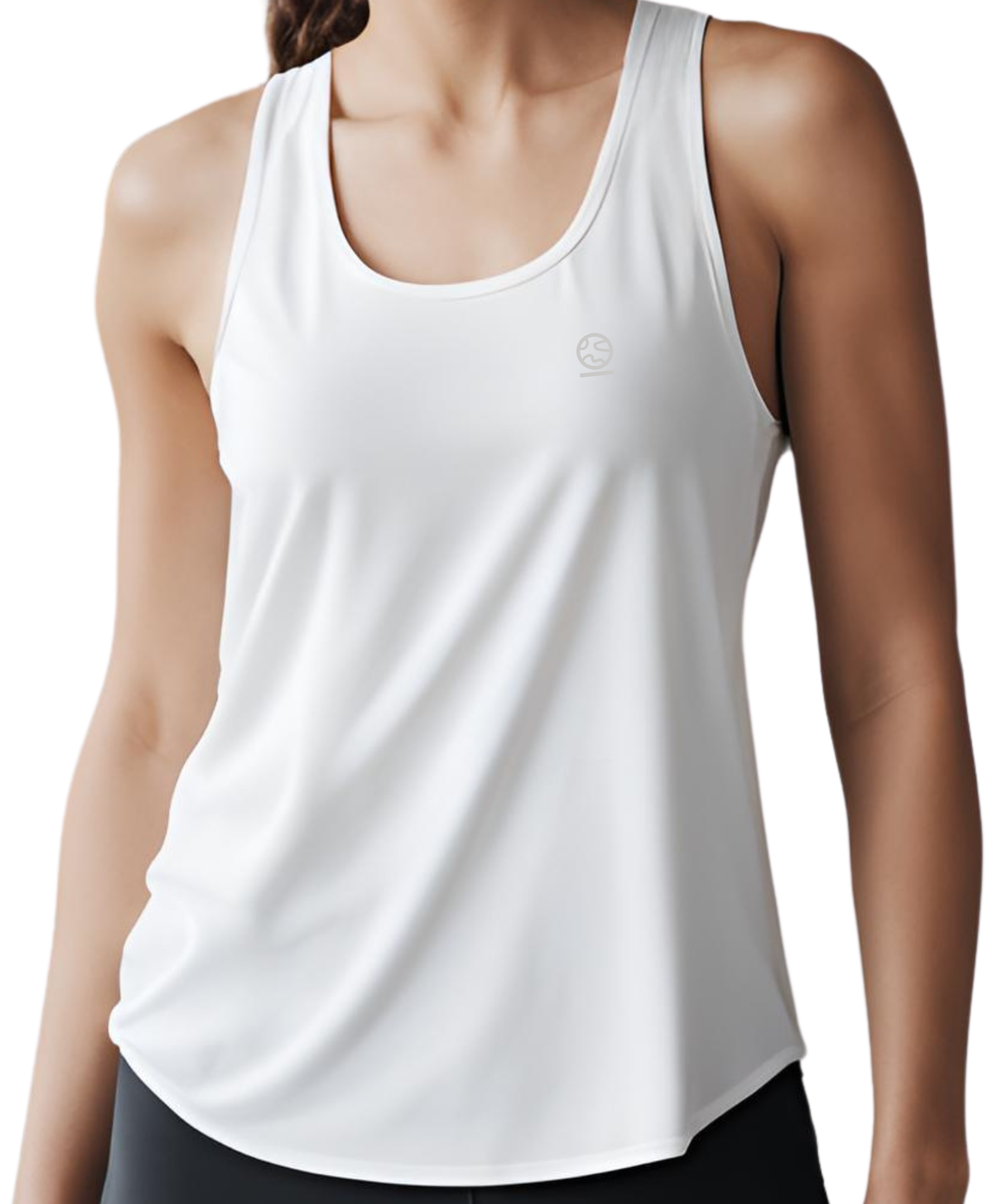 Bright white women's Ashdown t-shirt by Underscored with small Earth logo on left chest, worn by a female model.