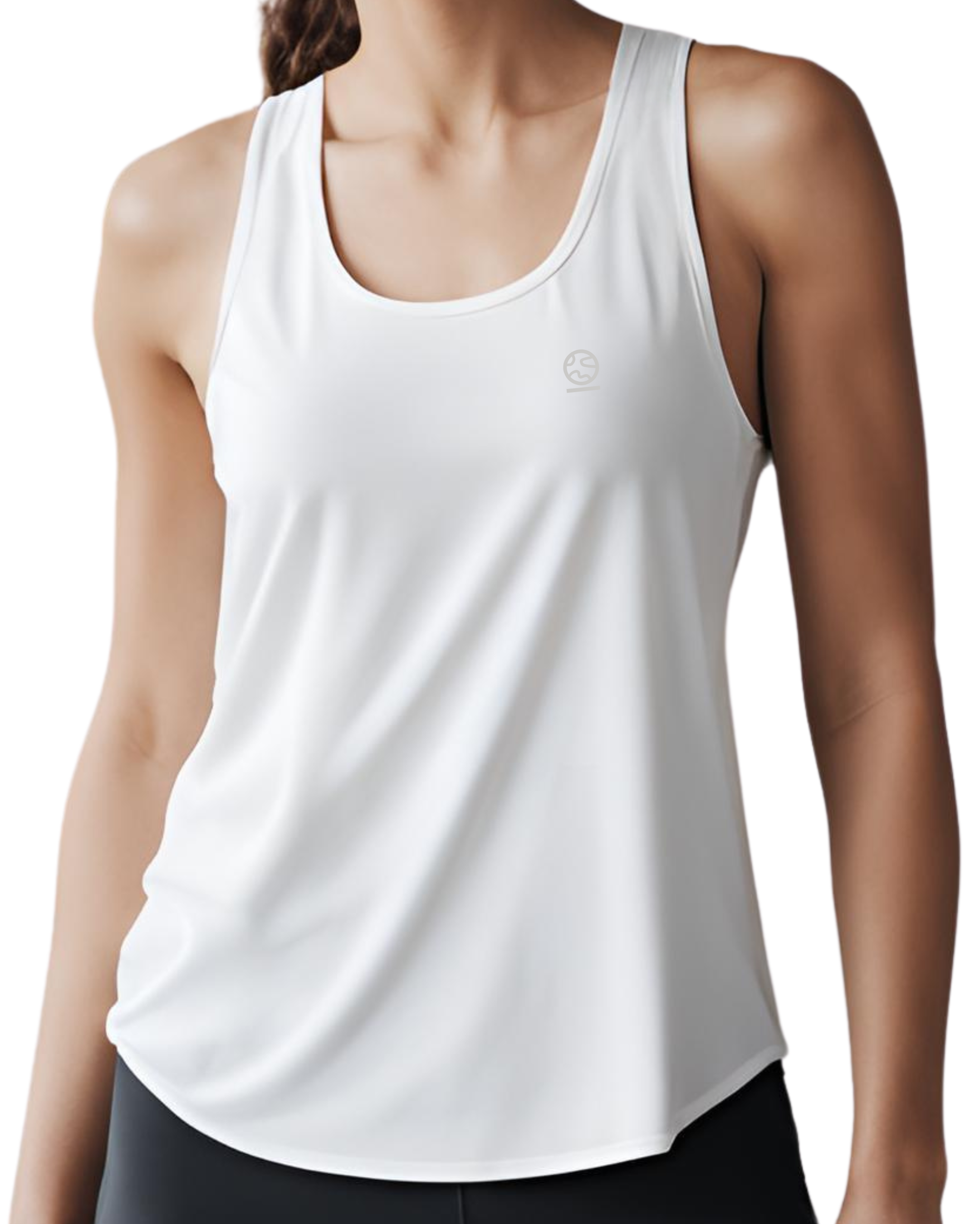 Bright white women's Ashdown t-shirt by Underscored with small Earth logo on left chest, worn by a female model.