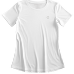 Flatlay of bright white women's Ashdown t-shirt by Underscored with small Earth logo on left chest and neck branding.