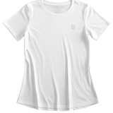 Flatlay of bright white women's Ashdown t-shirt by Underscored with small Earth logo on left chest and neck branding.