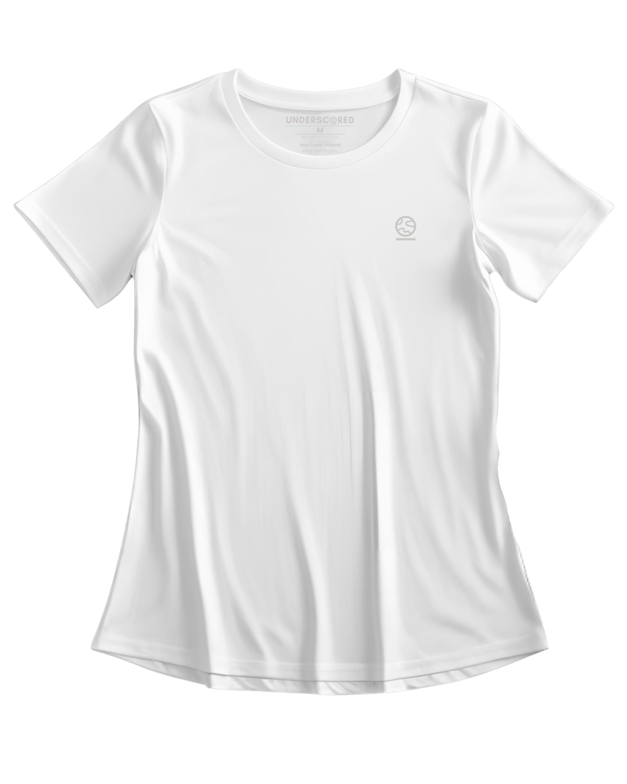 Flatlay of bright white women's Ashdown t-shirt by Underscored with small Earth logo on left chest and neck branding.