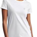 Bright white women's Ashdown t-shirt by Underscored with small Earth logo on left chest, worn by a female model.