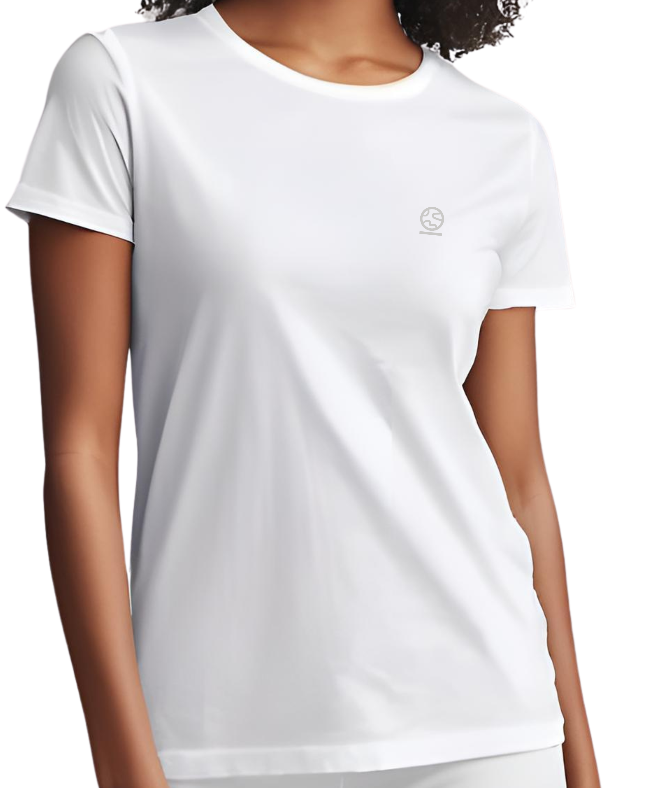 Bright white women's Ashdown t-shirt by Underscored with small Earth logo on left chest, worn by a female model.