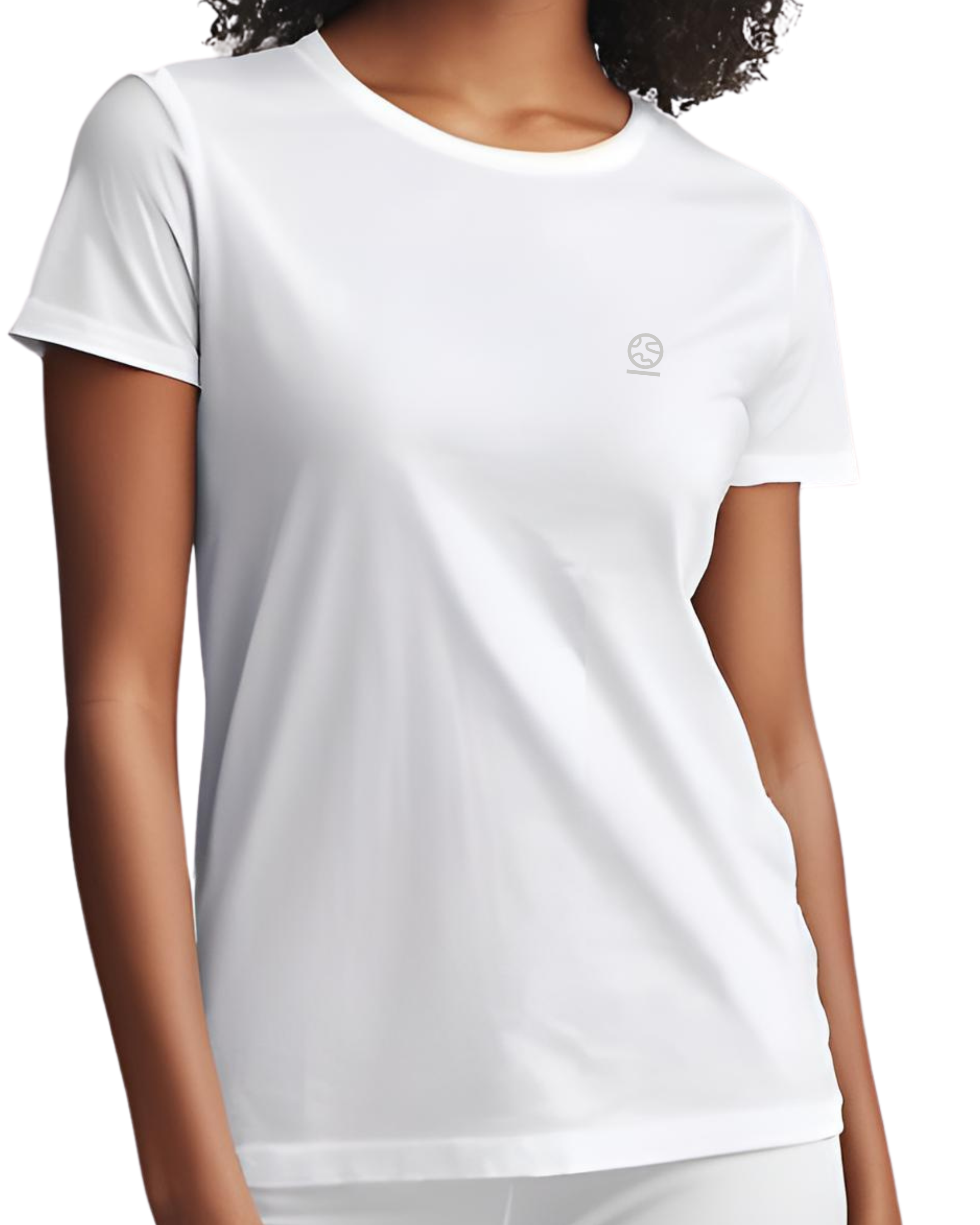 Bright white women's Ashdown t-shirt by Underscored with small Earth logo on left chest, worn by a female model.