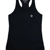 Black tank top with an underscored earth logo on a white background