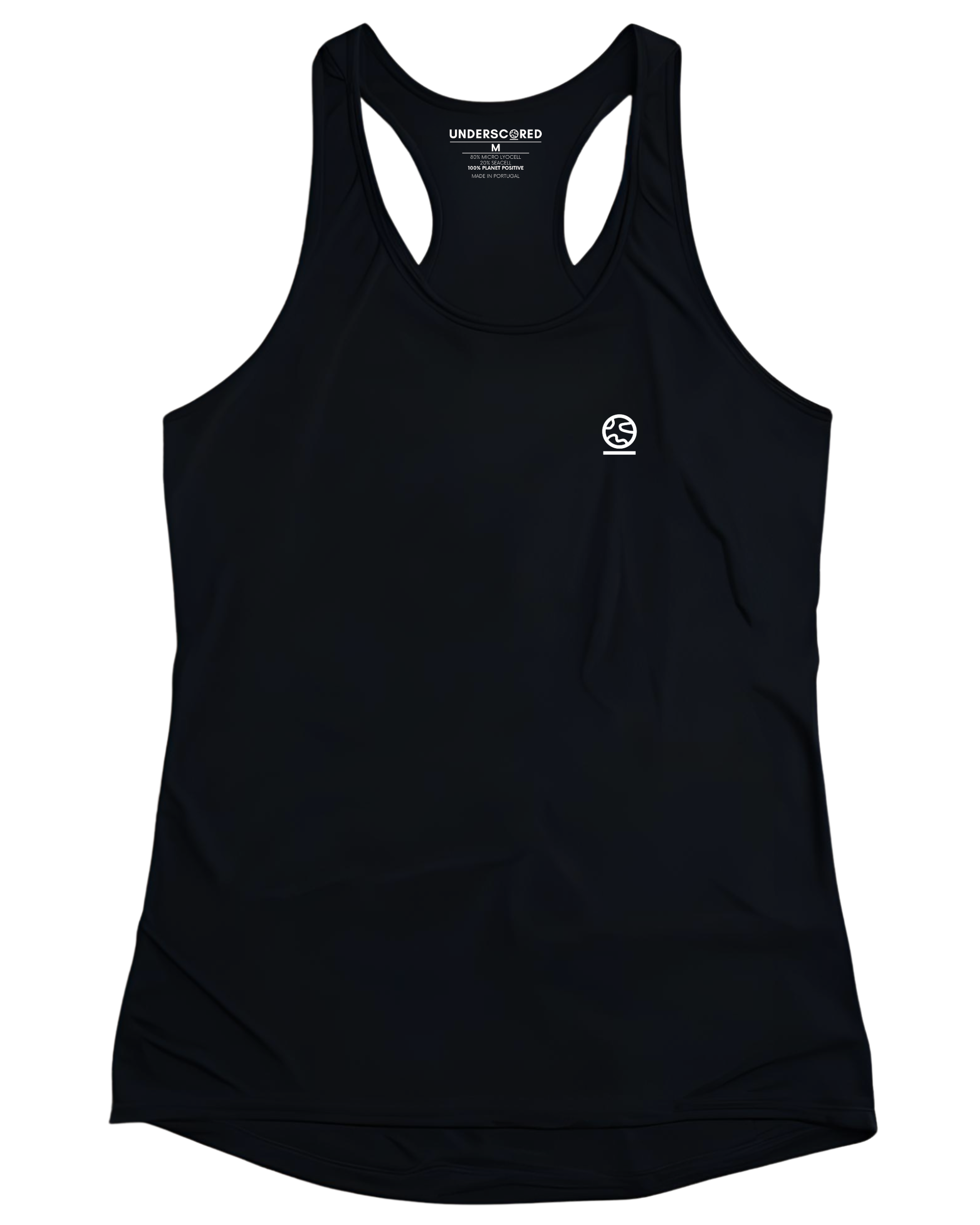 Black tank top with an underscored earth logo on a white background