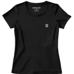 Flatlay of jet black women's Ashdown t-shirt by Underscored with small Earth logo on left chest and neck branding.