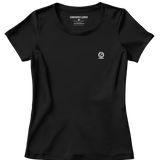 Flatlay of jet black women's Ashdown t-shirt by Underscored with small Earth logo on left chest and neck branding.