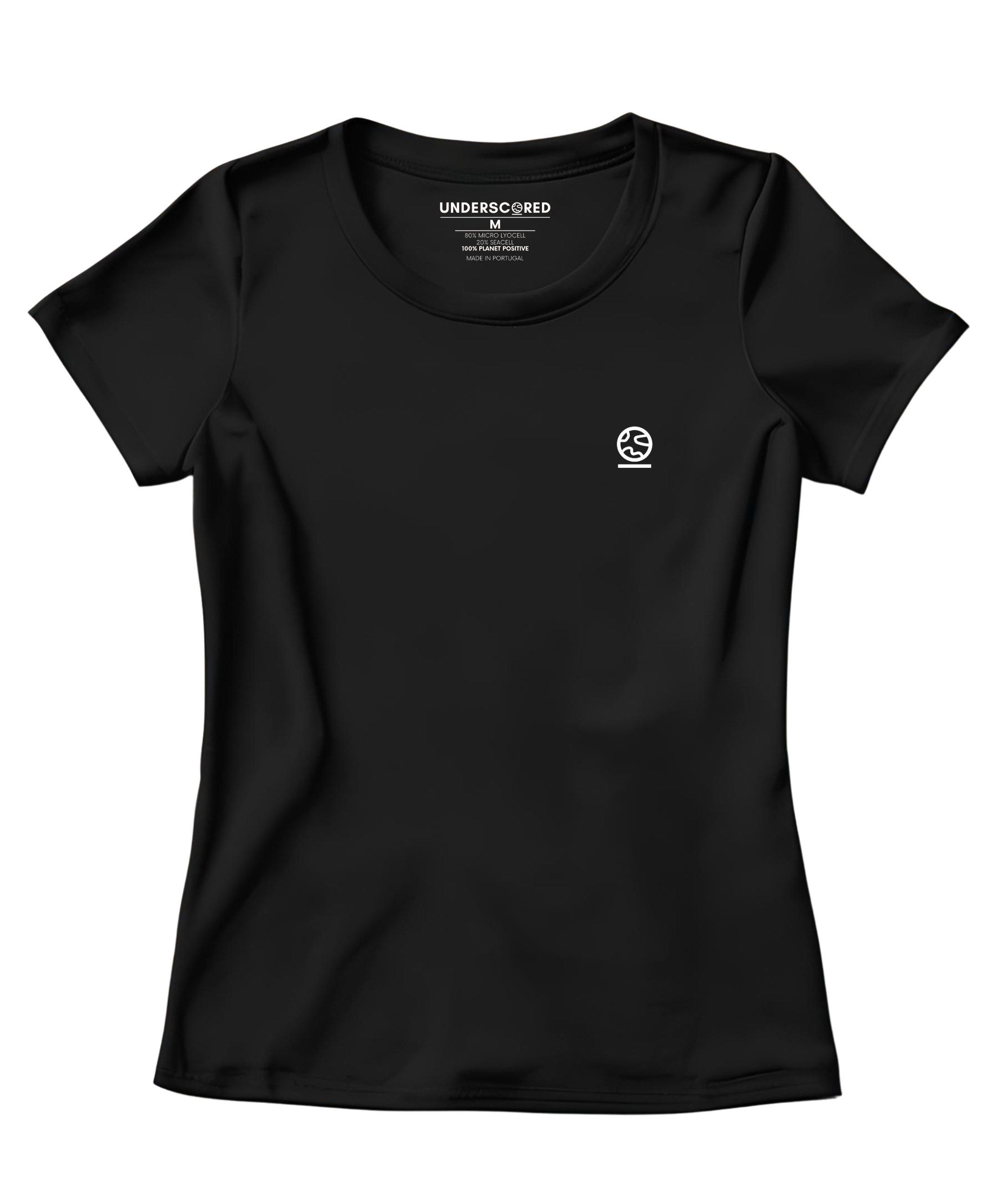 Flatlay of jet black women's Ashdown t-shirt by Underscored with small Earth logo on left chest and neck branding.