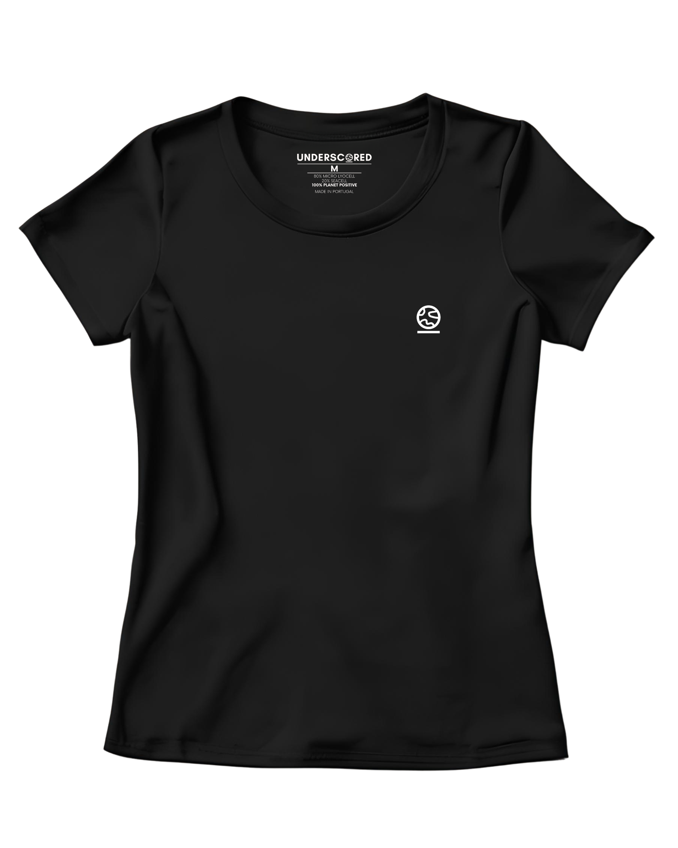 Flatlay of jet black women's Ashdown t-shirt by Underscored with small Earth logo on left chest and neck branding.