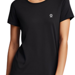 Jet black women's Ashdown t-shirt by Underscored with small Earth logo on left chest, worn by a female model.