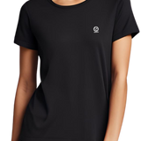 Jet black women's Ashdown t-shirt by Underscored with small Earth logo on left chest, worn by a female model.