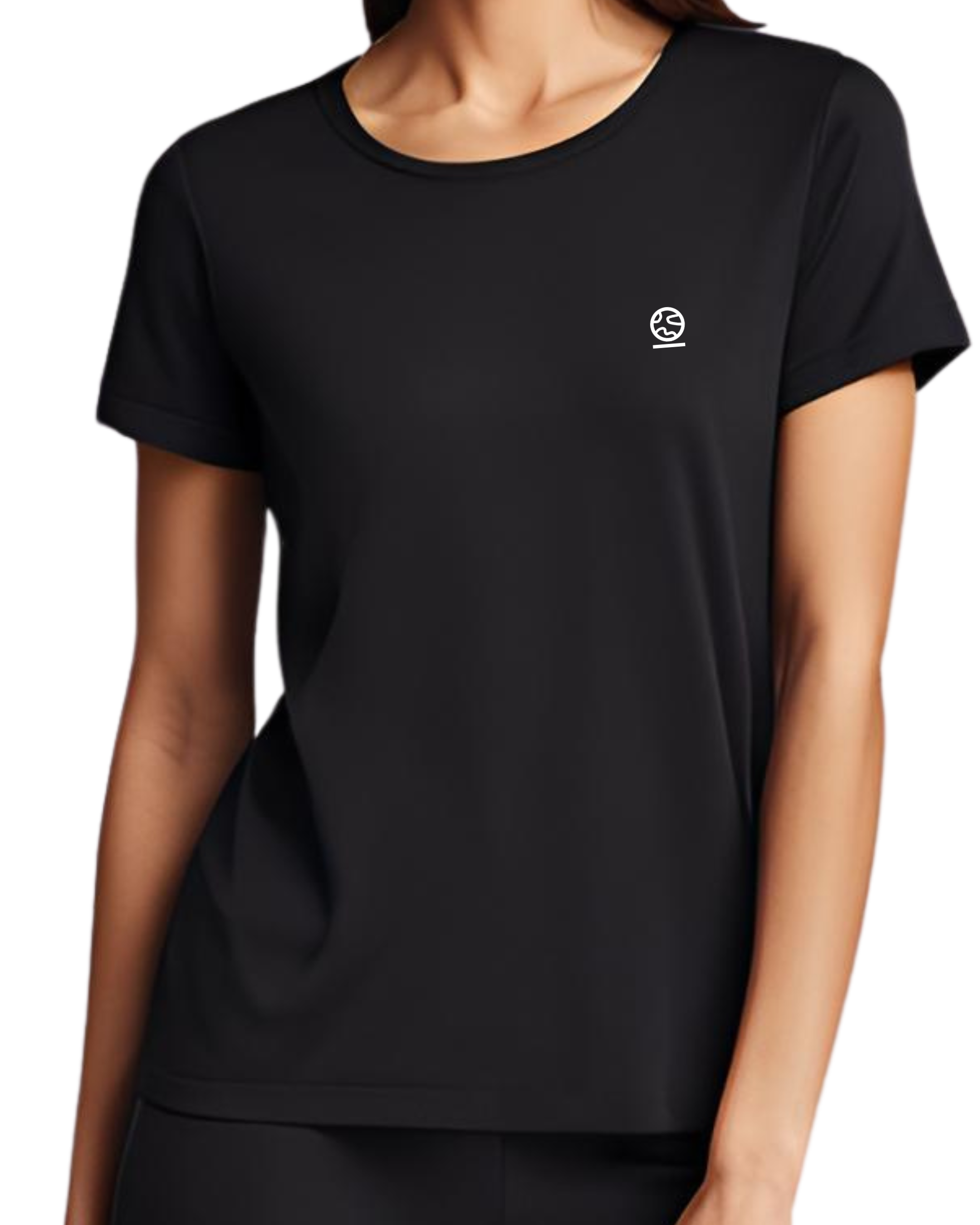 Jet black women's Ashdown t-shirt by Underscored with small Earth logo on left chest, worn by a female model.