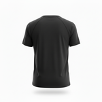 Men's black Underscored plastic-free t-shirt, from the back, on a white background