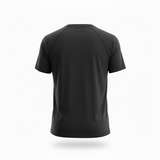 Men's black Underscored plastic-free t-shirt, from the back, on a white background