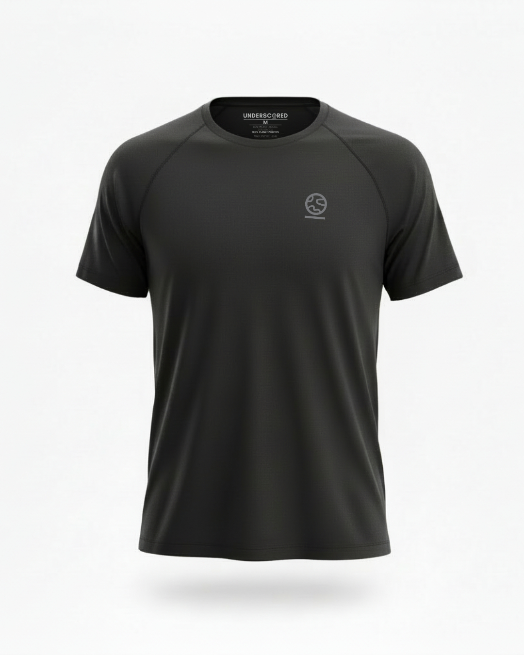 Men's black Underscored plastic-free t-shirt, from the front, with the Underscored earth logo on a white background