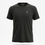 Men's black Underscored plastic-free t-shirt, from the front, with the Underscored earth logo on a white background