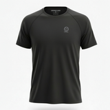 Men's black Underscored plastic-free t-shirt, from the front, with the Underscored earth logo on a white background