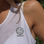 Close-up of the Underscored Women's Ashdown Tank in White showing the TENCEL Lyocell fabric texture and tonal Underscored logo, made without plastic fibres